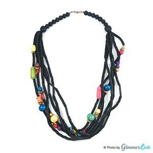 Vintage Black Multi Strand Wood Bead Statement Necklace Colorful Accents